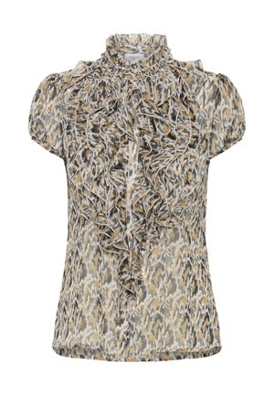 Sukalta palaidinė trumpomis rankovėmis, su aukštu kaklu. Audinys turi raštuotą pilkos, smėlio ir geltonos spalvų derinį su mygtukų detalėmis.