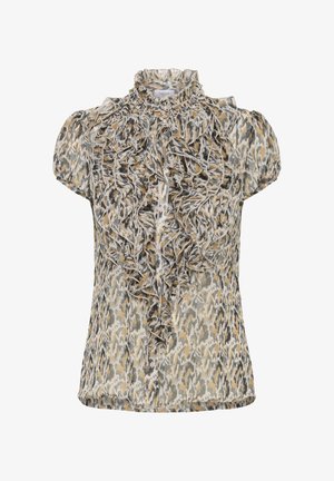 Sukalta palaidinė trumpomis rankovėmis, su aukštu kaklu. Audinys turi raštuotą pilkos, smėlio ir geltonos spalvų derinį su mygtukų detalėmis.