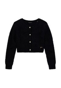 Cardigan nero accorciato realizzato in materiale peloso con maniche lunghe, caratterizzato da cinque bottoni decorati con gioielli e un piccolo logo dorato.