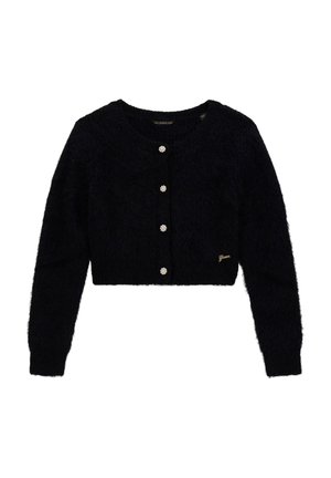 Cardigan nero accorciato realizzato in materiale peloso con maniche lunghe, caratterizzato da cinque bottoni decorati con gioielli e un piccolo logo dorato.