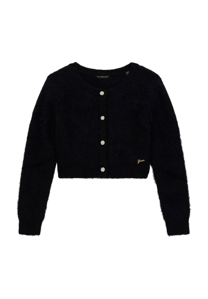Cardigan nero accorciato realizzato in materiale peloso con maniche lunghe, caratterizzato da cinque bottoni decorati con gioielli e un piccolo logo dorato.