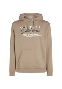 Sweat à capuche beige avec poche avant à rabat et cordons, avec texte blanc et noir : "O'Neill California Santa Cruz The Original Surf Supply Co."