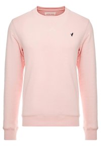 Felpa rosa realizzata in morbido tessuto, con scollatura a girocollo, maniche lunghe, polsini a costine e un piccolo logo scuro sul petto sinistro.