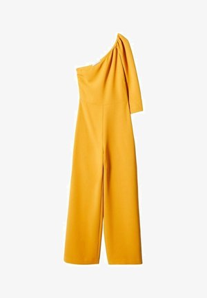 Gul jumpsuit med ét skulderstrop og vidbenede bukser, fremstillet af glat stof med en draperet detalje på skulderen.