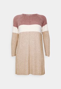 Knit dress featuring a round neckline, long sleeves, and color-blocked design in burgundy, cream, and beige. Soft texture.