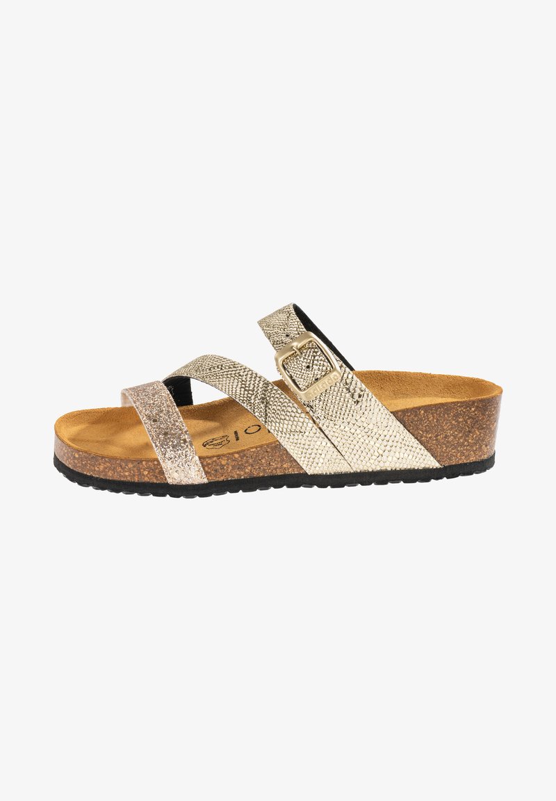 Glitzernde goldene und silberne Sandalen mit Kreuzriemen, einer Korkplattform, strukturierten Riemen und einer Schnallenakzent. Schwarze Gummisohle.