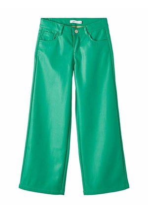 Zielone szerokie spodnie z ekologicznej skóry z przodu zapinane na guziki i zamek, wyposażone w szlufki oraz styl z pięcioma kieszeniami.