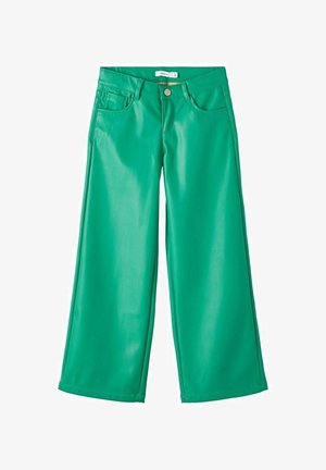 Pantalon large en similicuir vert avec boutons à l'avant, fermeture éclair, passants pour ceinture et style cinq poches.