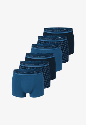 Set aus sechs blauen Boxershorts mit verschiedenen Mustern, darunter einfarbig, strukturiert und kariert, mit elastischem Bund.