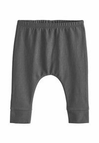Pantaloni grigi per bambini in cotone con vita elastica, orli risvoltati e design a cavallo basso per comfort e facilità di movimento.