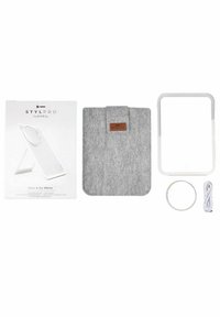 Glow & Go mirror kit includes a white LED mirror, gray felt case with leather accent, charging cable, and circular light attachment.