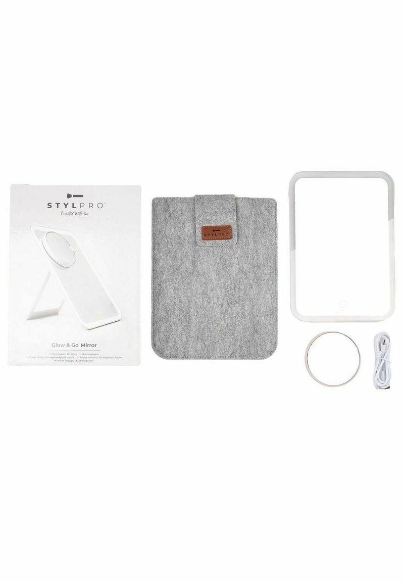 Glow & Go mirror kit includes a white LED mirror, gray felt case with leather accent, charging cable, and circular light attachment.