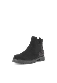 Schwarze Wildleder-Stiefelette mit elastischen Seitenpanelen und strukturierten Akzenten. Robuste Laufsohle für Traktion, runde Zehenform.