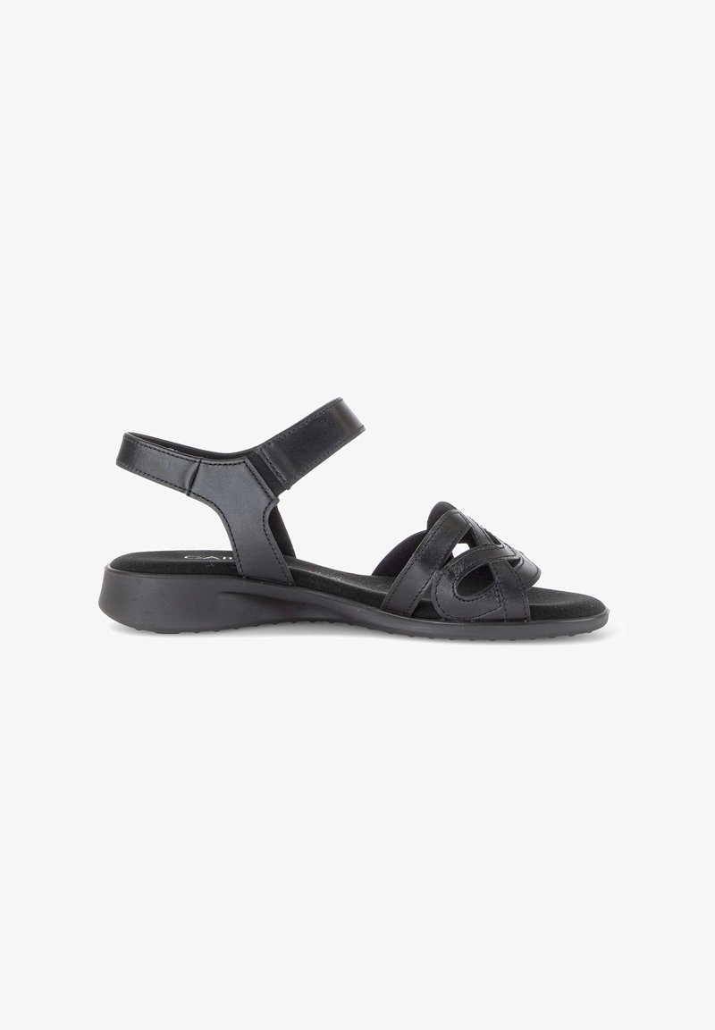 Black open-toe sandal with adjustable ankle strap, cushioned sole, and crisscross leather straps over the front foot.