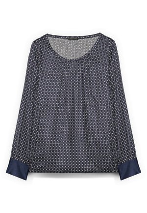 Marineblå bluse med lange ærmer, geometrisk cirkelmønster og ensfarvede marineblå manchetter, rund halsudskæring, letvægtsstof.