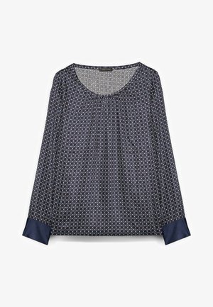 Marineblauwe blouse met lange mouwen, geometrisch cirkelpatroon en effen marineblauwe manchetten, ronde halslijn, lichtgewicht stof.