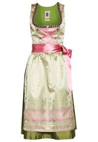 Perinteinen puku, jossa on vaaleanvihreä satiinivartalo, vaaleanpunainen satiininauha, brodeerattuja yksityiskohtia ja kerroksellinen hame, jossa on vaaleanpunainen ja vihreä kuvio.