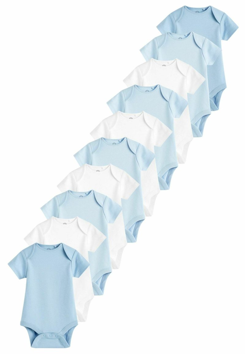 Zestaw 10 bodysuits dla niemowląt w różnych odcieniach jasnoniebieskiego i białego. Krótkie rękawy, klasyczne okrągłe dekolty, wykonane z miękkiej bawełny, z zapięciami na zatrzaski.