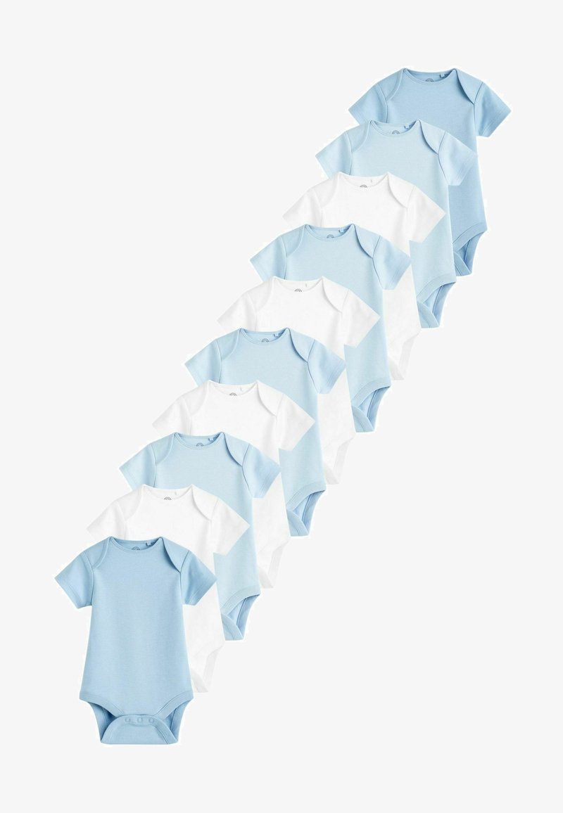 Set of 10 baby bodysuits in varying shades of light blue and white. Short sleeves, classic round necks, soft cotton material, with snap closures.