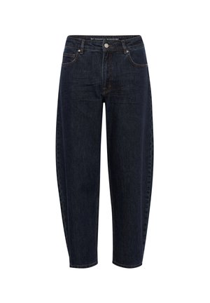 Mørkeblå denimjeans har høj talje, tætsiddende ben og to frontlommer med et enkelt design. Stoffet har en let tekstur.