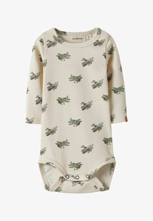 Kremowy body dla niemowląt z długim rękawem, ozdobione nadrukiem zielonych i szarych vintage samolotów, zapinane na zatrzaski w kroku.