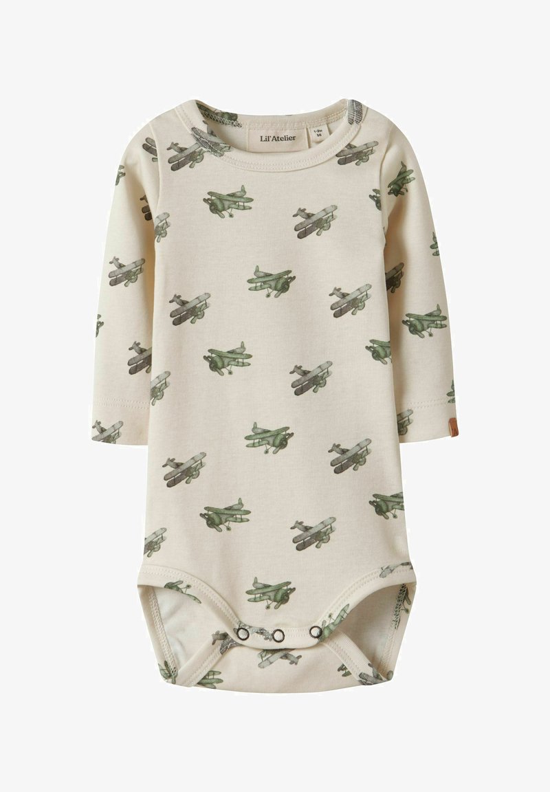 Body à manches longues couleur crème pour bébé, imprimé d'avions vintage verts et gris, avec des boutons-pression à l'entrejambe.