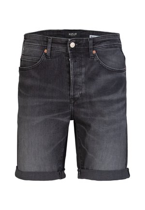 Black denim shorts with rolled cuffs, featuring a button and zip fly closure, five-pocket design, and subtle faded detailing.