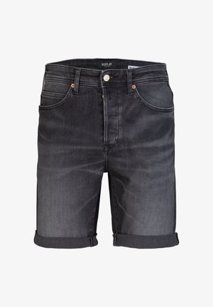 Shorts de mezclilla negra con puños enrollados, que cuentan con un cierre de botón y cremallera, diseño de cinco bolsillos y un sutil detalle deslavado.