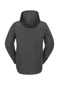 Grå jakke med en kviltet sort hætte, lange ærmer og et struktureret stof. Bagfra viser den et enkelt design uden yderligere detaljer.