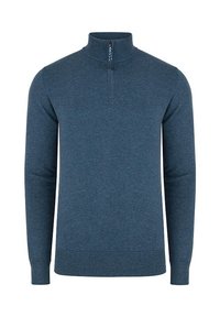 Granatowy sweter z długimi rękawami, wysokim kołnierzem i zamkiem błyskawicznym na pół. Wykonany z miękkiego, strukturalnego materiału dzianinowego. Prążkowane wykończenie u dołu i przy mankietach.