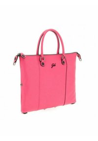 Borsa tote in pelle rosa con due manici superiori, dettagli neri e chiusura con zip. Presenta un logo e hardware arrotondato.