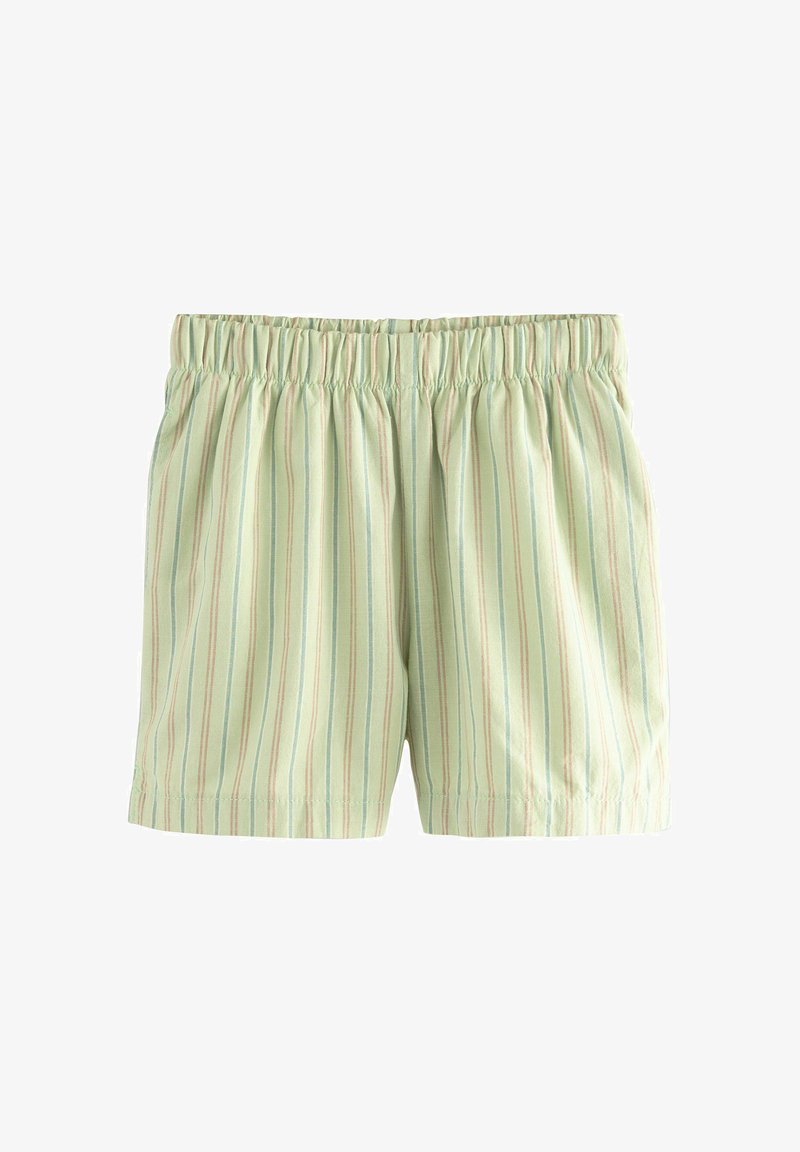 Shorts vert clair avec fines rayures verticales bleu, rose et beige, dotés d'une taille élastique et d'une coupe ample.