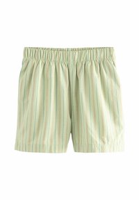 Shorts rayés verts avec une taille élastique. Présente des rayures de couleur pastel en bleu, rose et jaune. Tissu léger, design décontracté.