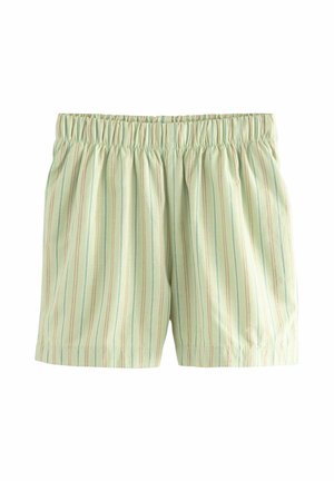 Pantaloni corti a righe verdi con cintura elastica. Presentano righe nei colori pastello blu, rosa e giallo. Tessuto leggero, design casual.