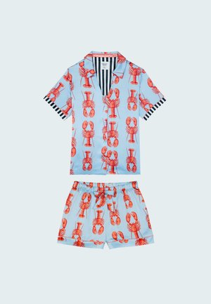 Light blue pajama set featuring red lobster prints, short-sleeve button-up shirt with a collar, and elastic-waist shorts. Striped accents.