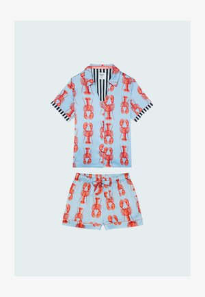 Light blue pajama set featuring red lobster prints, short-sleeve button-up shirt with a collar, and elastic-waist shorts. Striped accents.