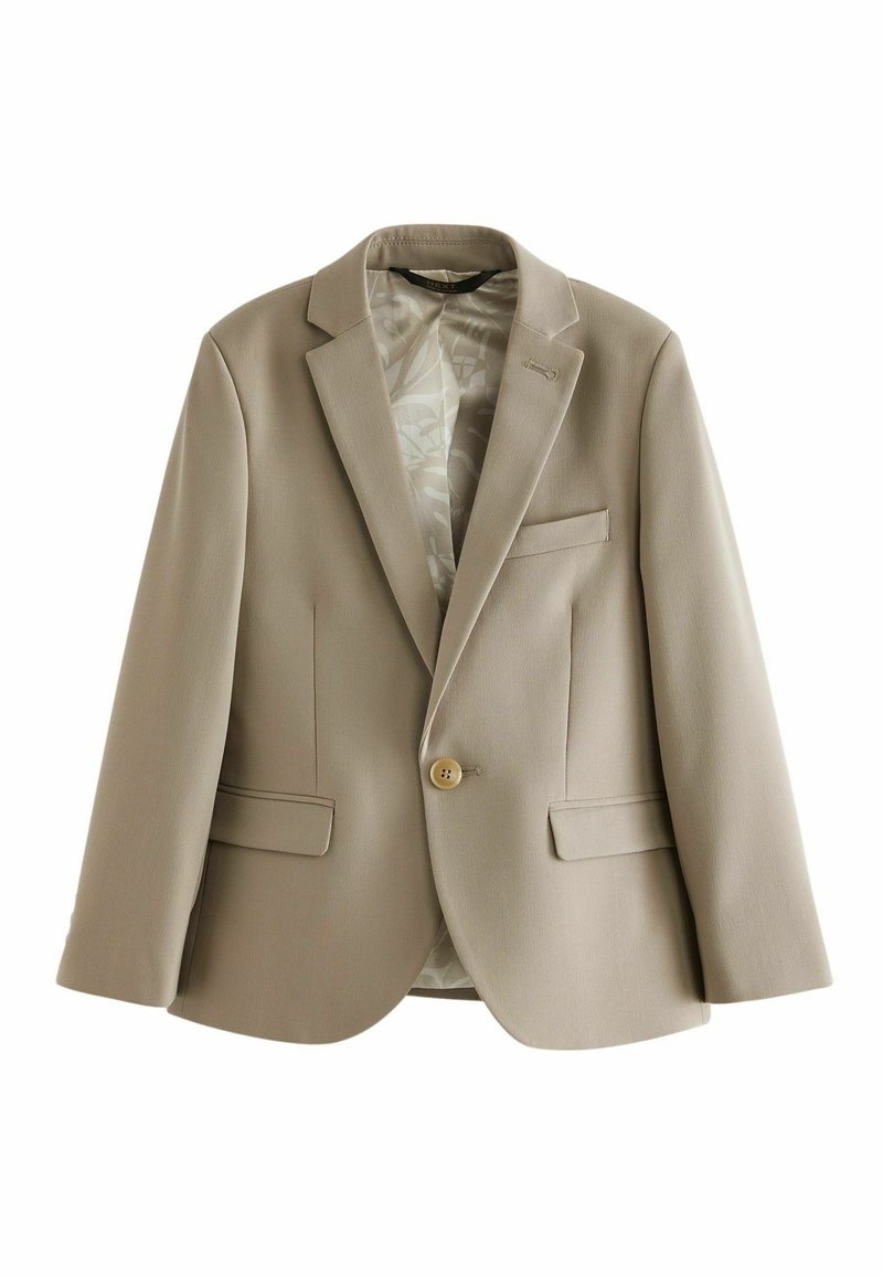 Blazer beige hecho de una tela suave, con cierre de un solo botón, dos bolsillos frontales y un forro interior con un estampado.
