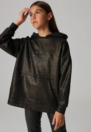 Must mustaari glitteriga kapuutsiga, millel on mugav lõige, esikott ja ringikujuline logodisain. Pehme tekstuur, kohandatav kapuuts.