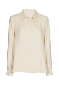 Cremefarbenes Langarmshirt aus glattem Stoff mit klassischem Kragen, Knopfleiste und abgerundetem Saum sowie Knopfmanschetten.