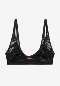Bralette in pizzo nero con scollo profondo e spalline larghe. Presenta un delicato motivo floreale e un piccolo logo del marchio rosso sul davanti.