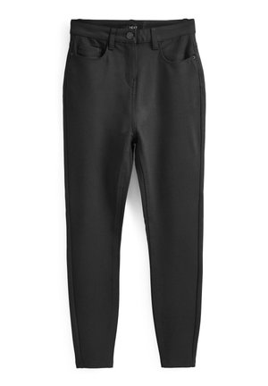 Pantaloni neri elasticizzati con una texture liscia, design slim fit, stile a cinque tasche e chiusura con patta. Senza pattern o accenti visibili.