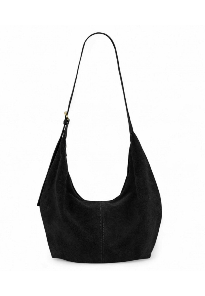 Sac à épaule en daim noir au silhouette décontractée, avec une seule sangle et des détails de couture subtils. Texture lisse et design minimaliste.