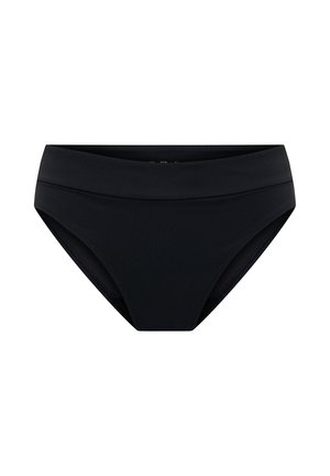 Schwarze Bikinihose mit hohem Taillenschnitt, aus glattem, elastischem Stoff gefertigt. Verfügt über dezente Nähte entlang des Bunds und der Beinausschnitte.