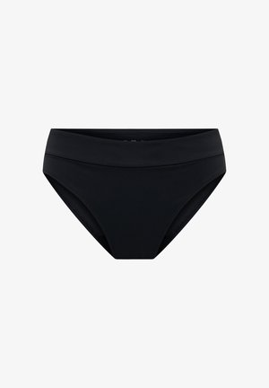 Schwarze Bikinihose mit hohem Taillenschnitt, aus glattem, elastischem Stoff gefertigt. Verfügt über dezente Nähte entlang des Bunds und der Beinausschnitte.