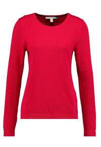 Rode gebreide trui met een ronde hals, lange mouwen en een geribbelde zoom. Gladde textuur en subtiel merkdetail linksonder.