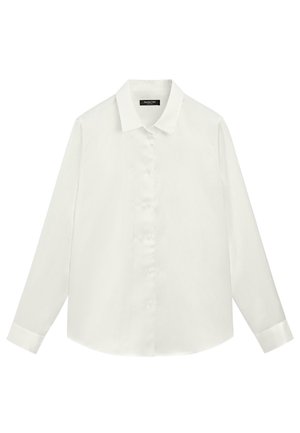 Witte blouse met lange mouwen, knoopsluiting, klassieke kraag en manchetten, effen ontwerp, plat weergegeven op een witte achtergrond.