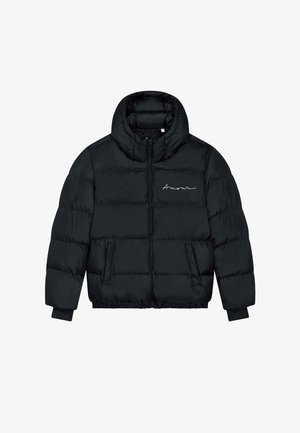 Veste matelassée noire avec col haut, fermeture éclair frontale, poches latérales, poignets élastiques et "Amour" brodé sur le côté gauche de la poitrine.
