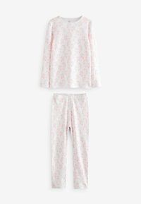 Ensemble de pyjama à manches longues en coton blanc doux avec un motif de licorne rose. Comprend un col rond et une taille élastique sur le pantalon.