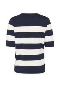 Chemise à manches courtes bleu marine et blanche à rayures avec un col rond. Tissu tricoté doux, présentant des rayures horizontales de largeur égale.