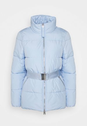Light blue padded jacket with high collar, front zipper, zippered side pockets, and branded belt with metallic buckle at the waist.